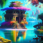 Enchanting forest scene with ancient temples, vibrant flora, waterfalls, exotic birds