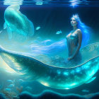 Glowing tail mermaid amidst fish in surreal underwater scene