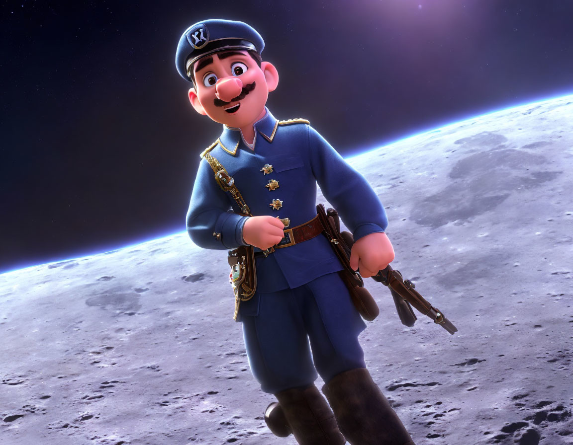 Animated Character in Military Uniform on Moon's Surface with Rifle & Stars