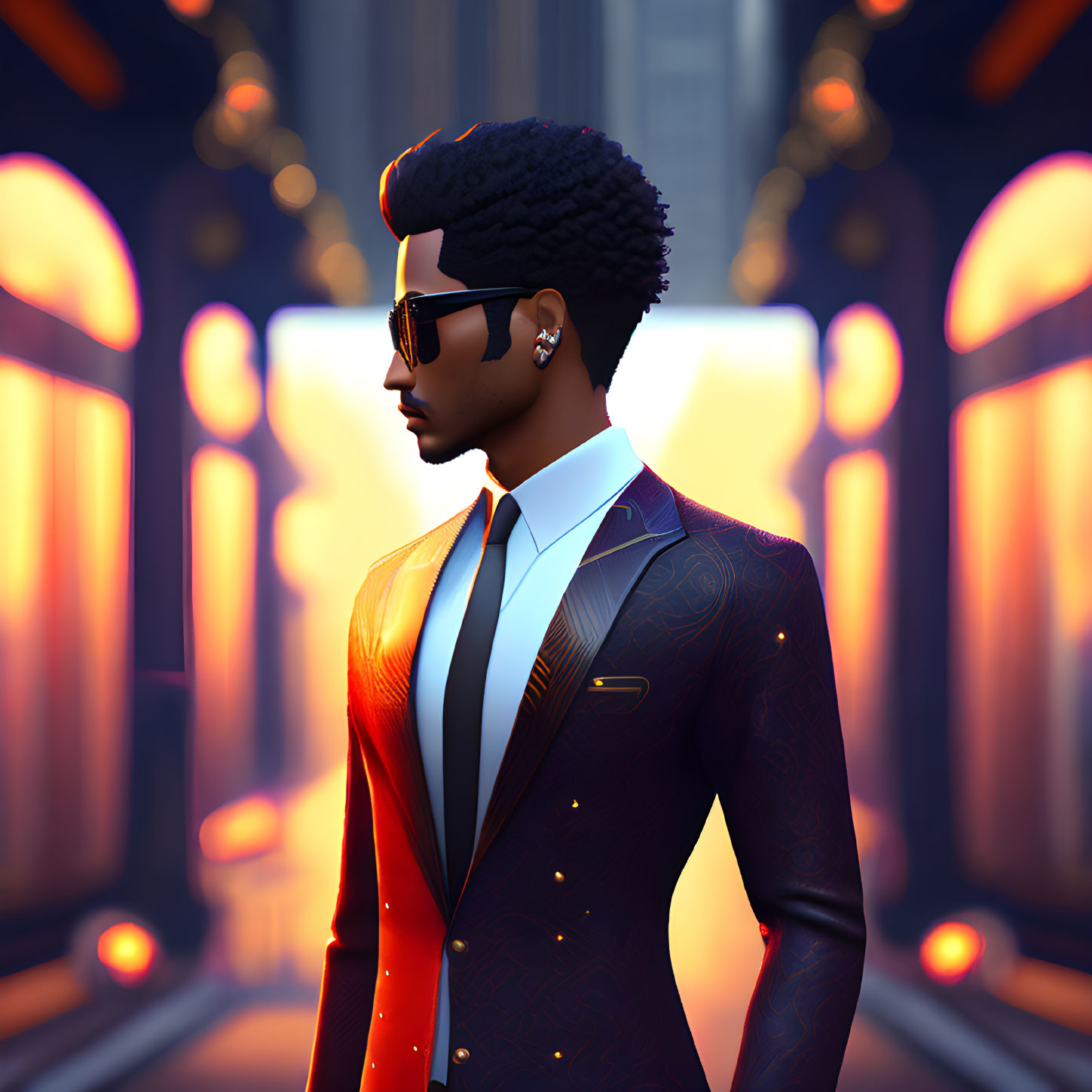 Animated male character in sharp suit with sunglasses in futuristic city at sunset