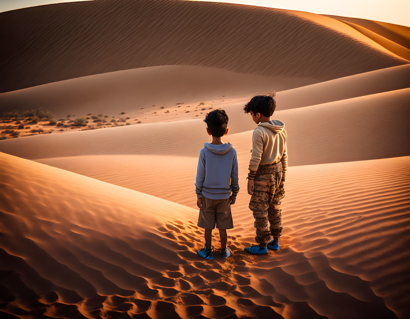 Children standing on desert sand dune at sunrise with elongated shadows.