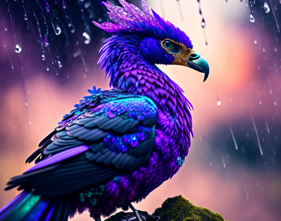 Colorful Purple and Blue Bird Perched on Rock with Raindrops Background