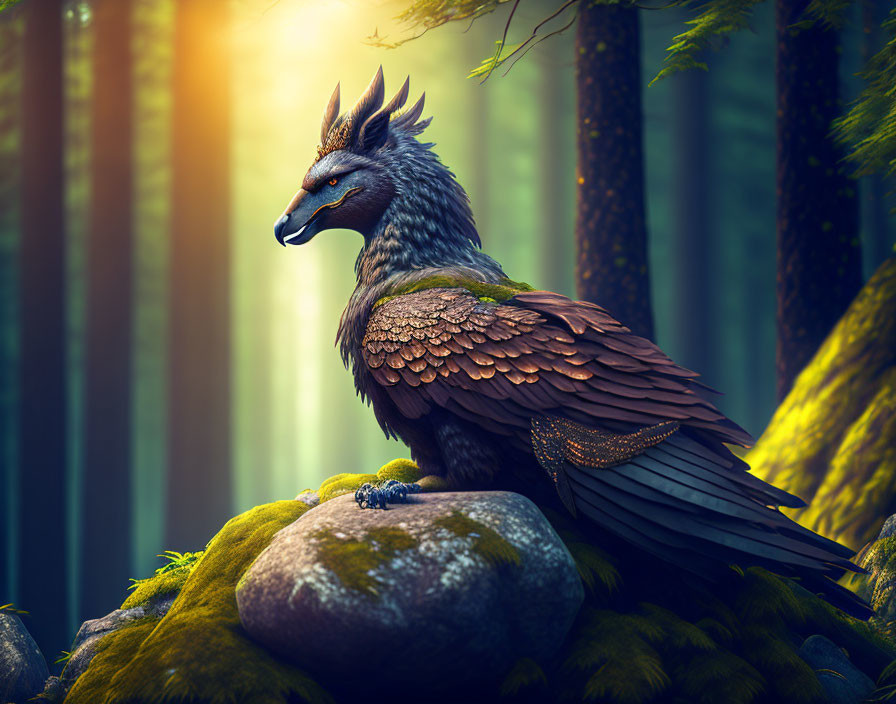 Majestic griffin with eagle head and lion body in sunlit forest