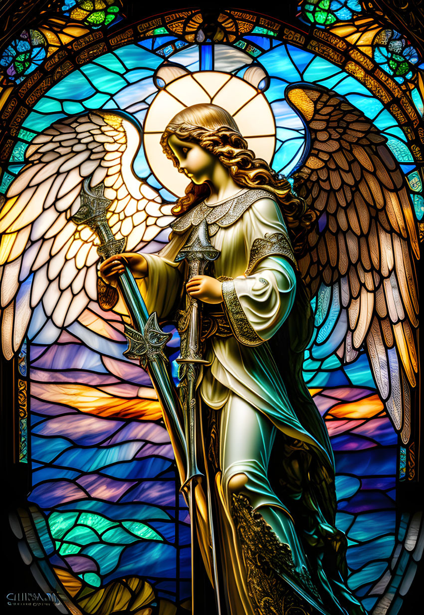 Angel-themed stained glass window with halo and star-tipped staff in vibrant blue and orange tones