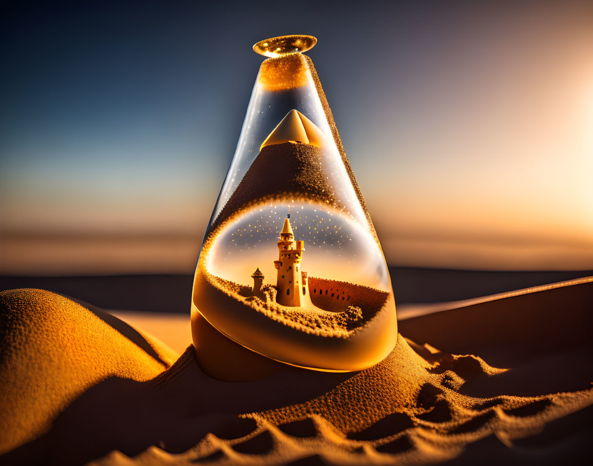 Miniature desert terrarium with dunes, castle, and starry sky in glass drop.