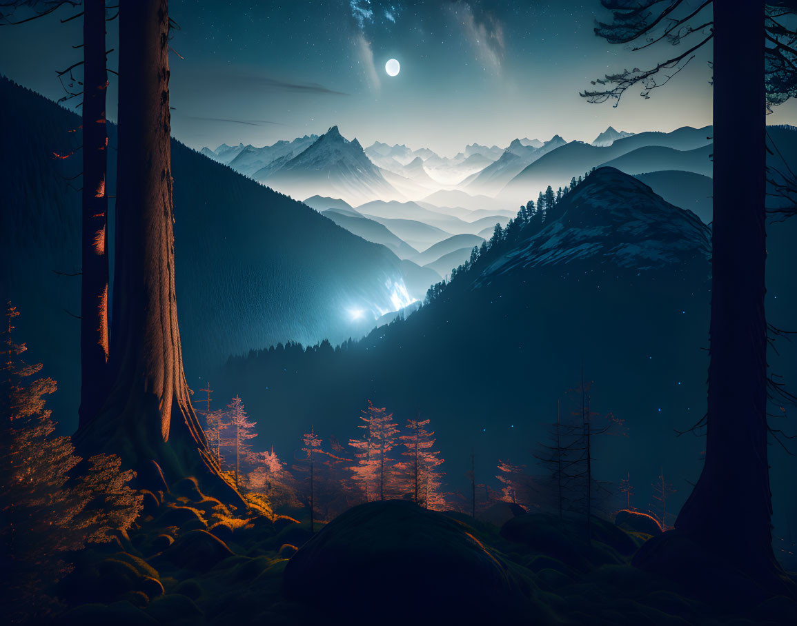 Full Moon Night Landscape: Snow-capped Mountains, Forested Valley, Starry Sky