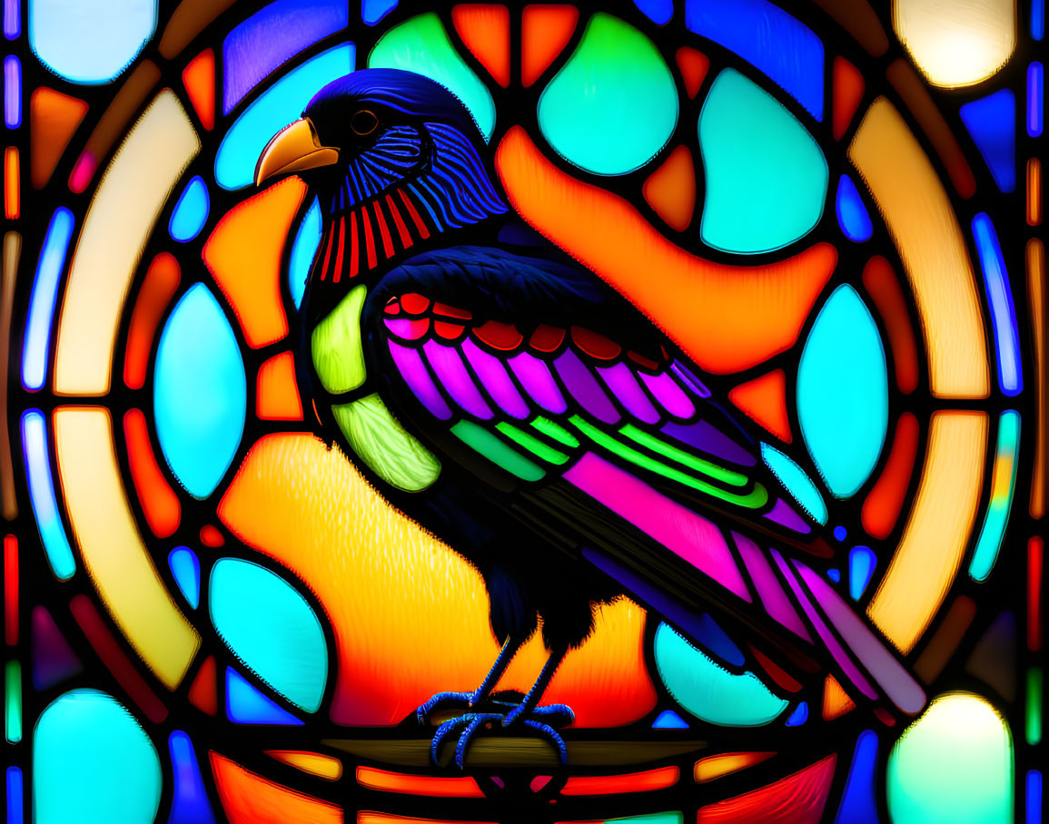 Vibrant stained glass window with stylized pigeon and geometric patterns