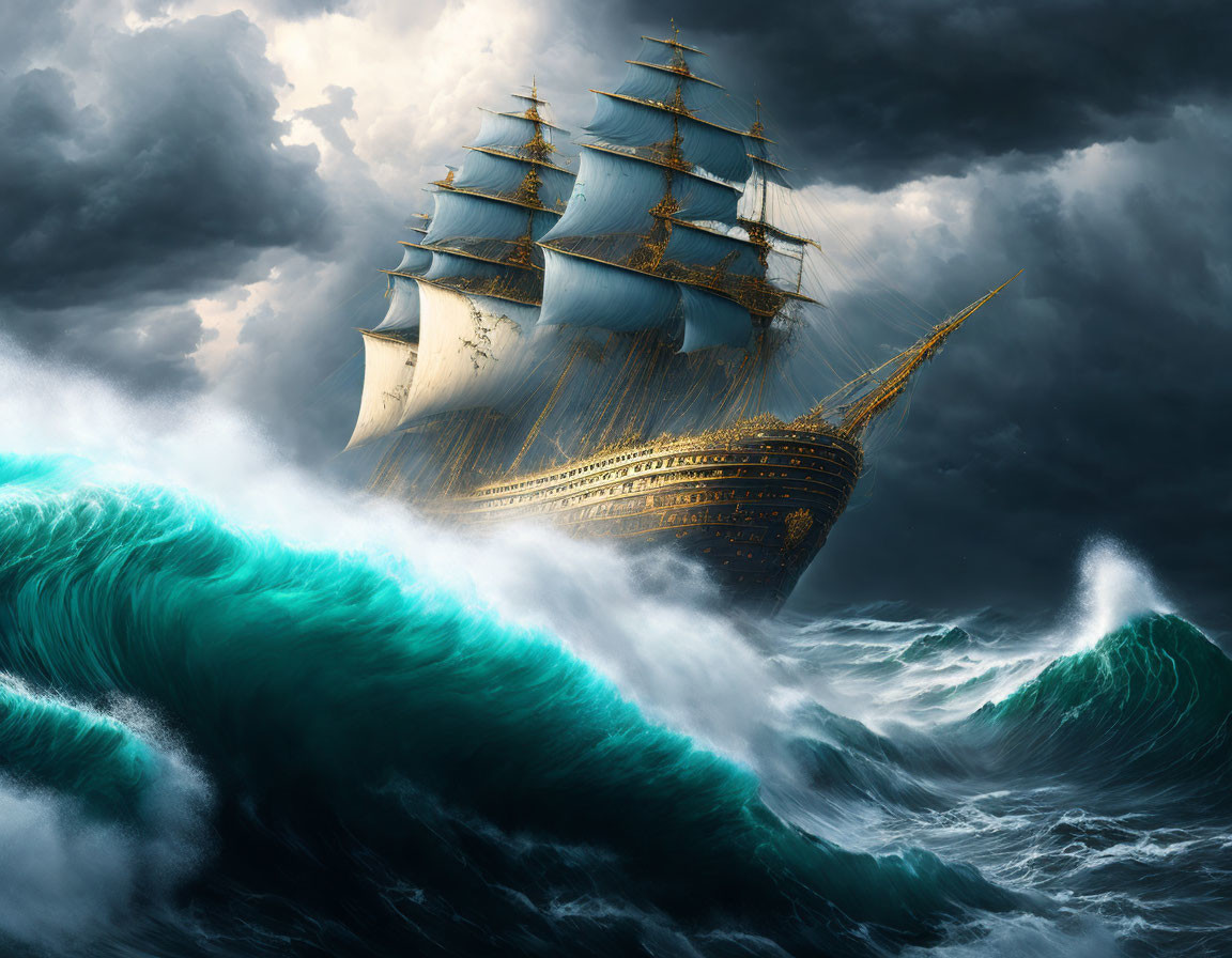 Tall ship with full sails on green wave in stormy sky