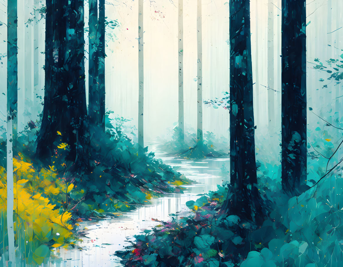 Mystical forest with vibrant flora, serene stream, towering trees in vivid impressionistic art style