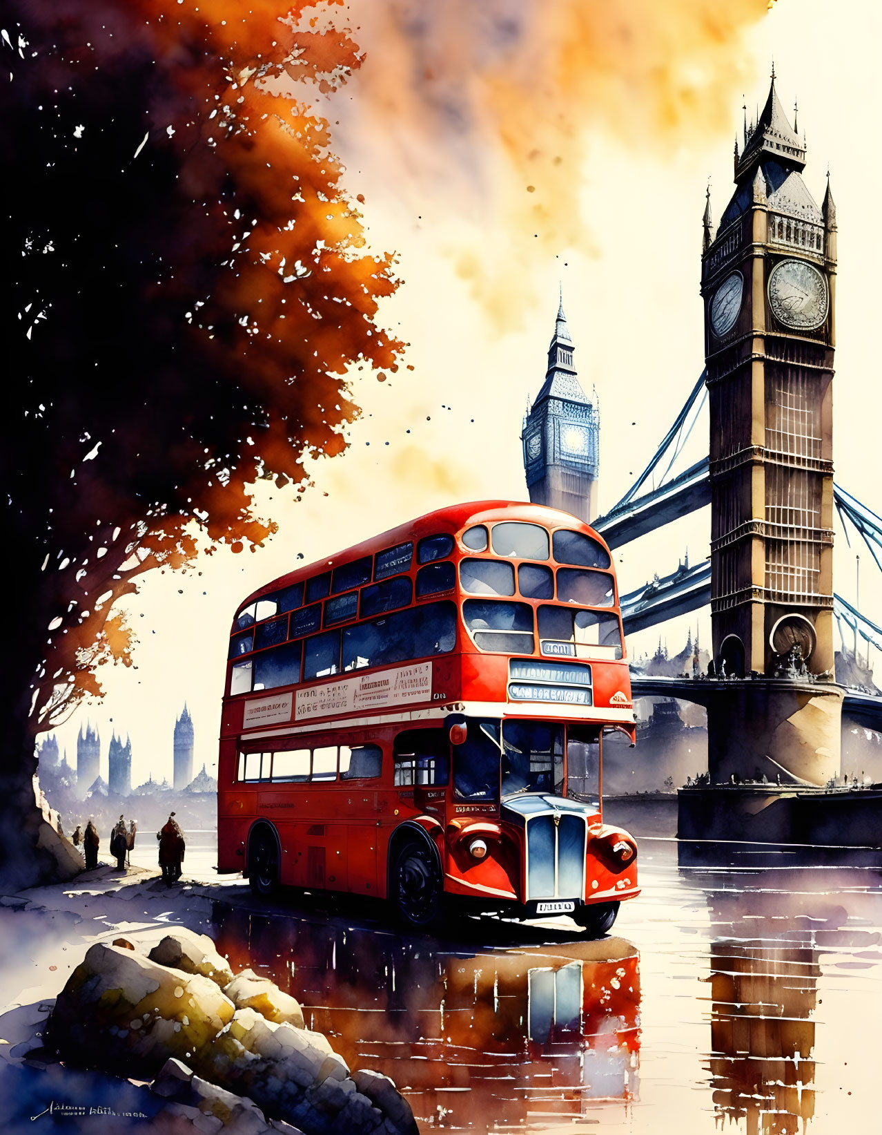 Colorful Watercolor Painting: Red Double-Decker Bus, Big Ben, and Westminster Bridge in