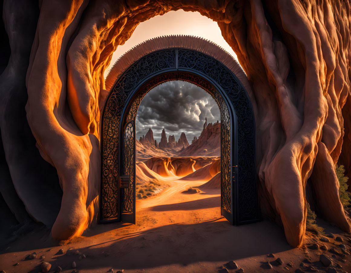 Ornate gate leading to surreal desert landscape with dunes and rock spires