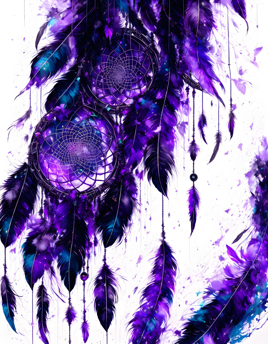 Purple and Black Dreamcatcher with Feathers on White Background