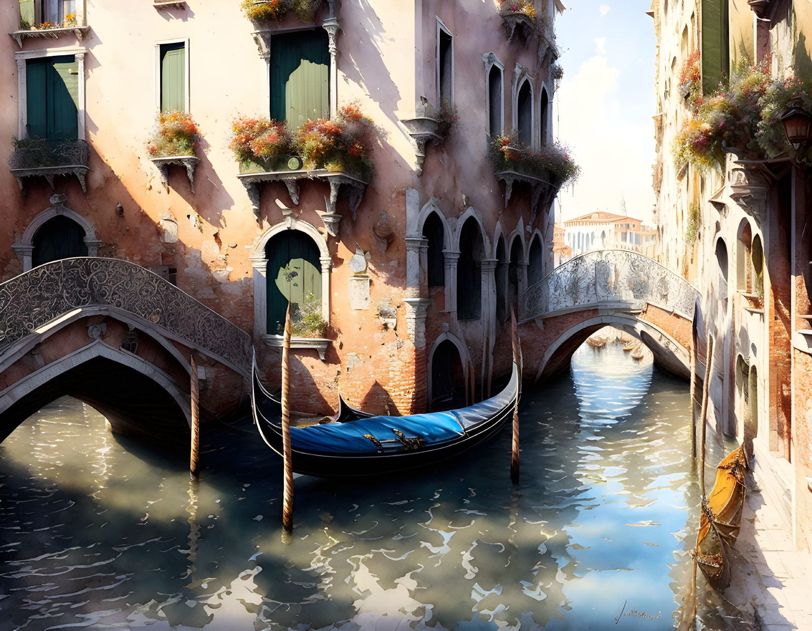 Venetian canal with gondola, historic buildings, and bridges