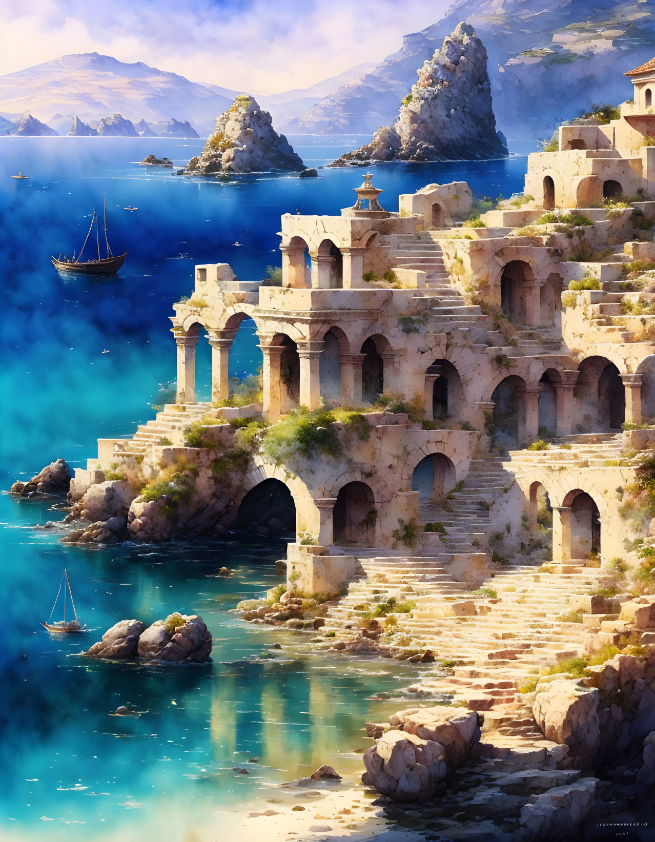 Ancient ruins by turquoise waters with boats and cliffs.