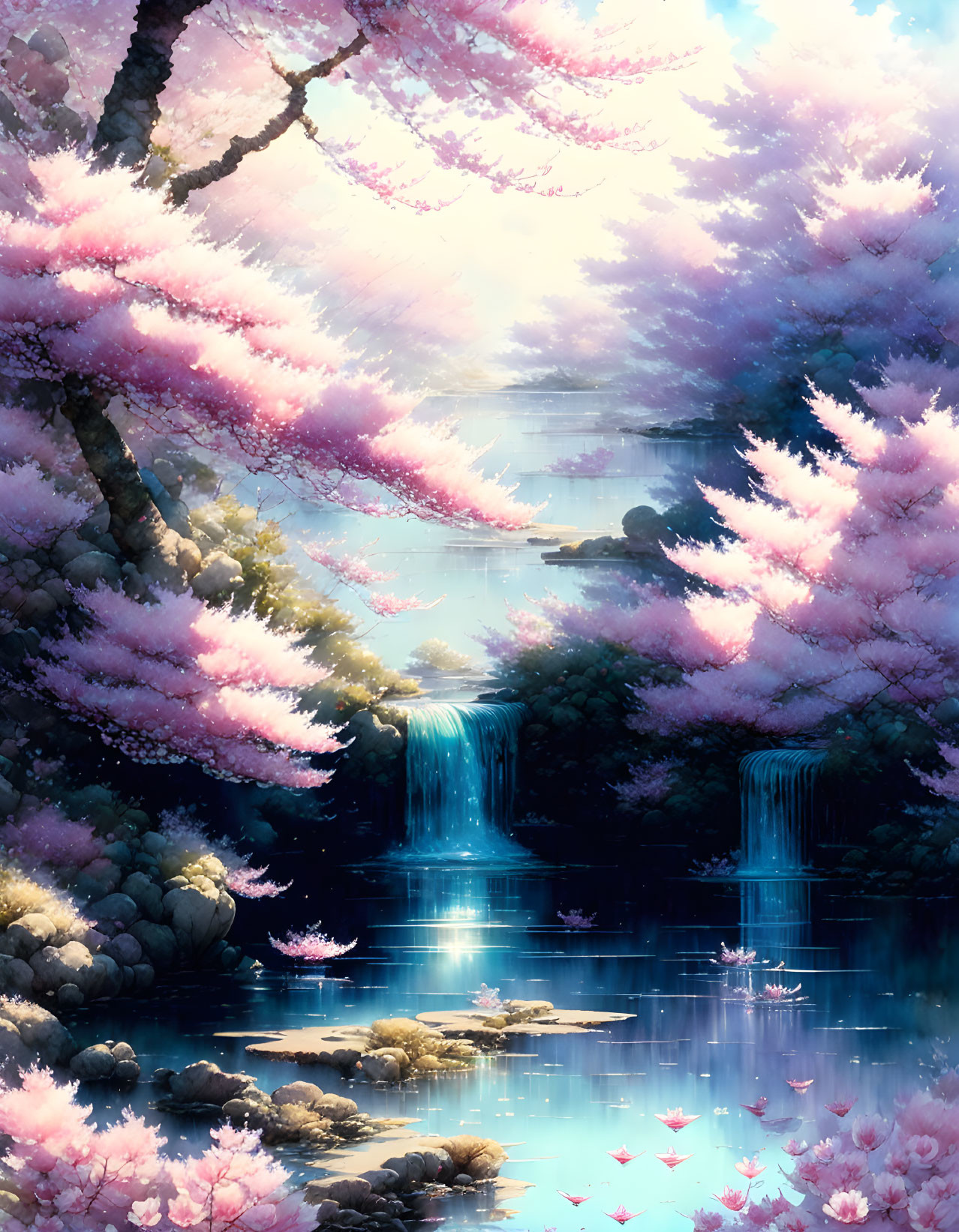 Cherry blossoms and waterfalls by serene lake