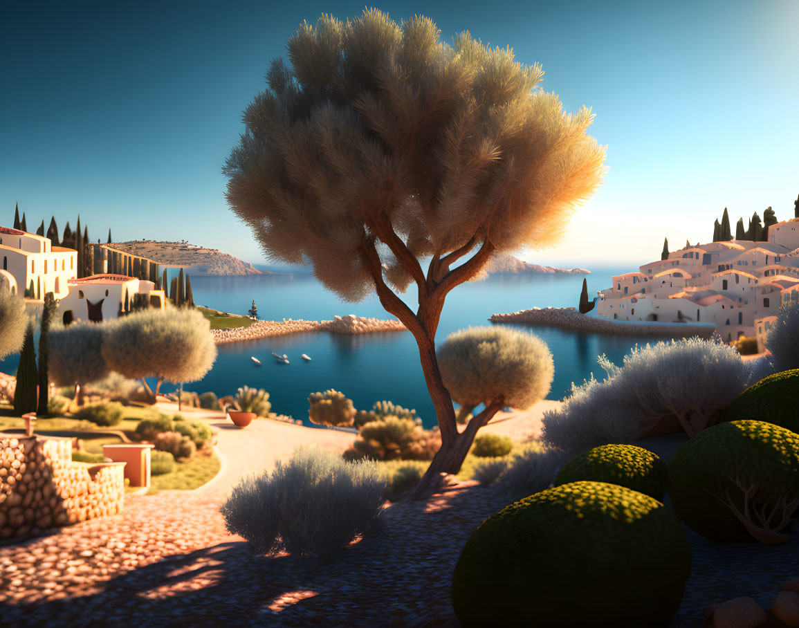 Sunlit Mediterranean Scene with Tree, Cobblestone Path, White Houses, and Sea View