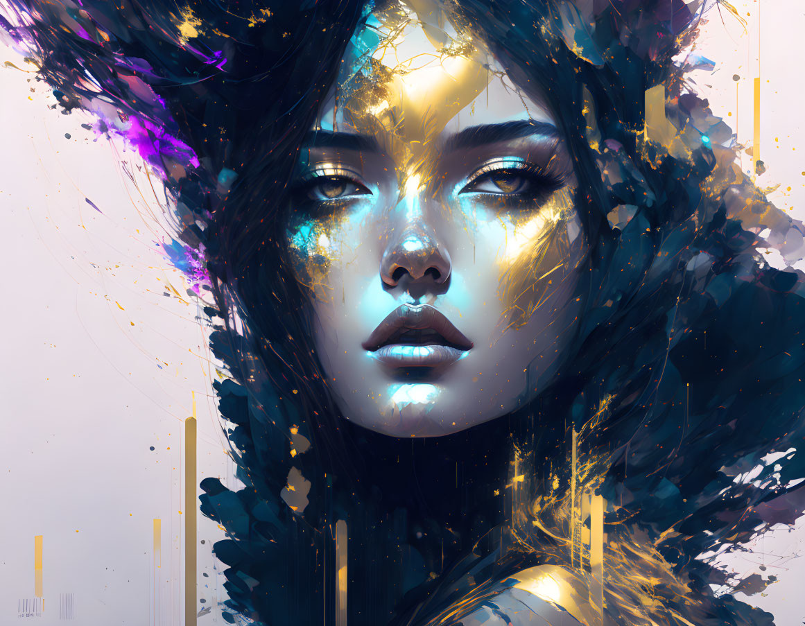 Digital portrait of woman with dark hair and golden streaks, emitting mystical aura