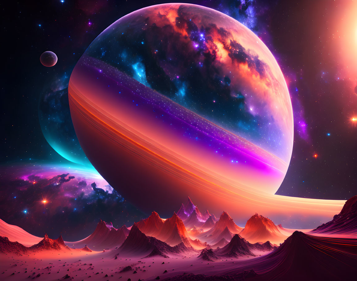 Vibrant sci-fi landscape with ringed planet, moon, and alien mountains