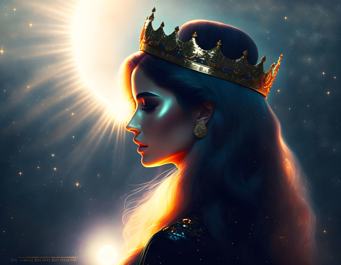 Woman with Radiant Skin and Crown in Starlit Setting