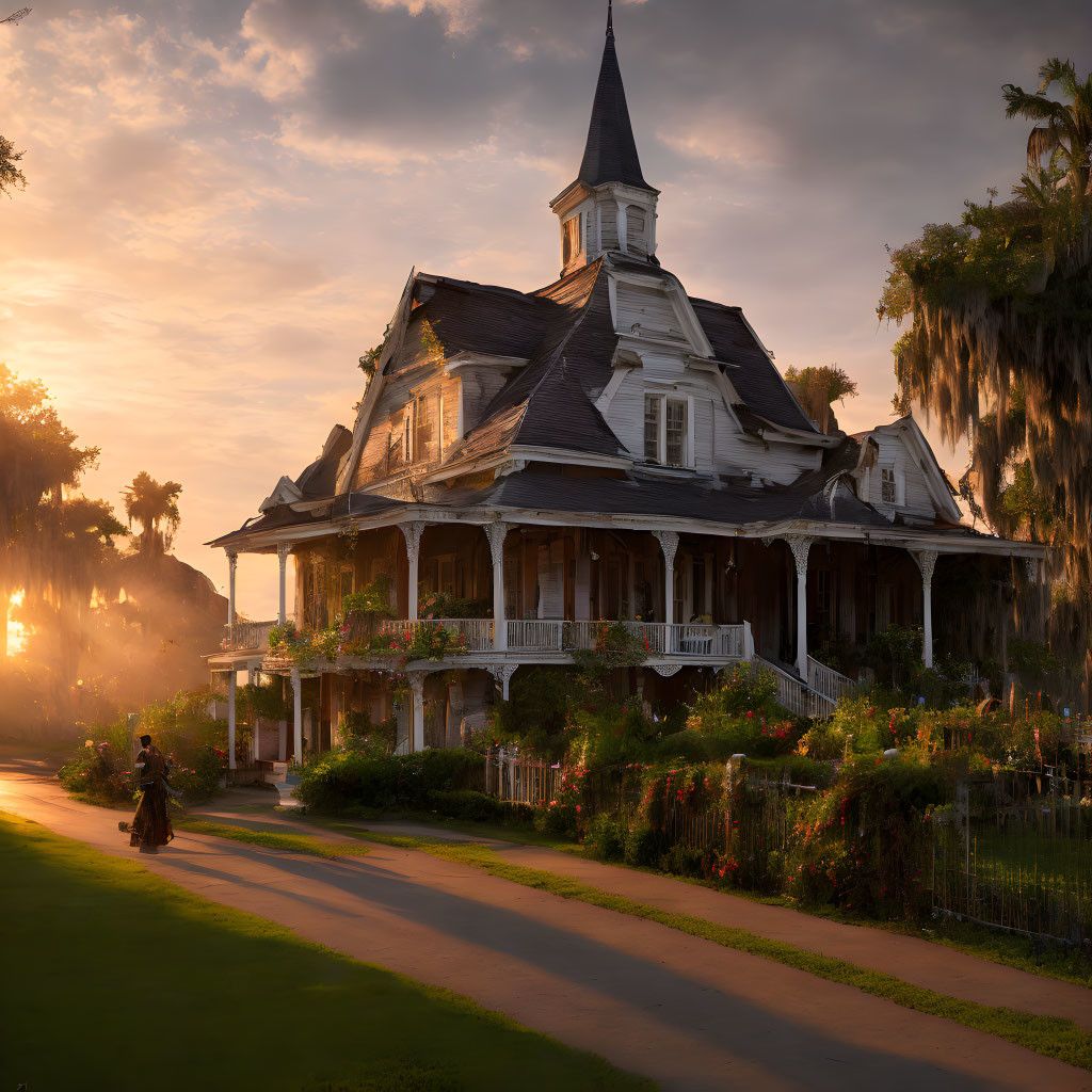 Vintage-dressed woman near grand mansion at sunrise