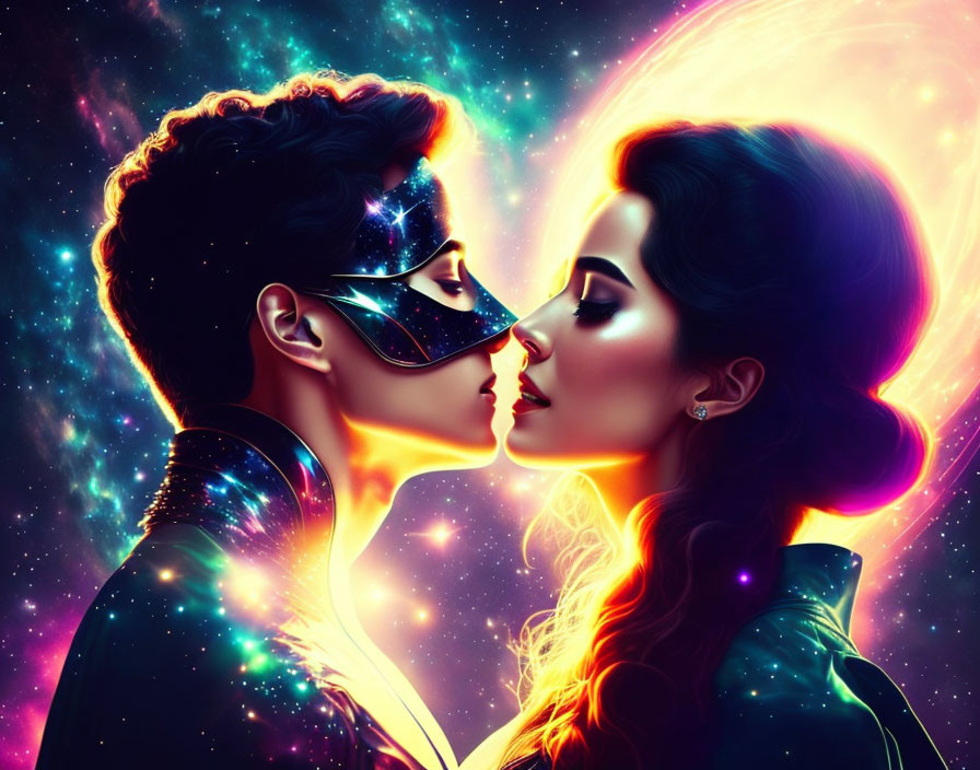 Digital artwork: Man and woman in close embrace against cosmic background