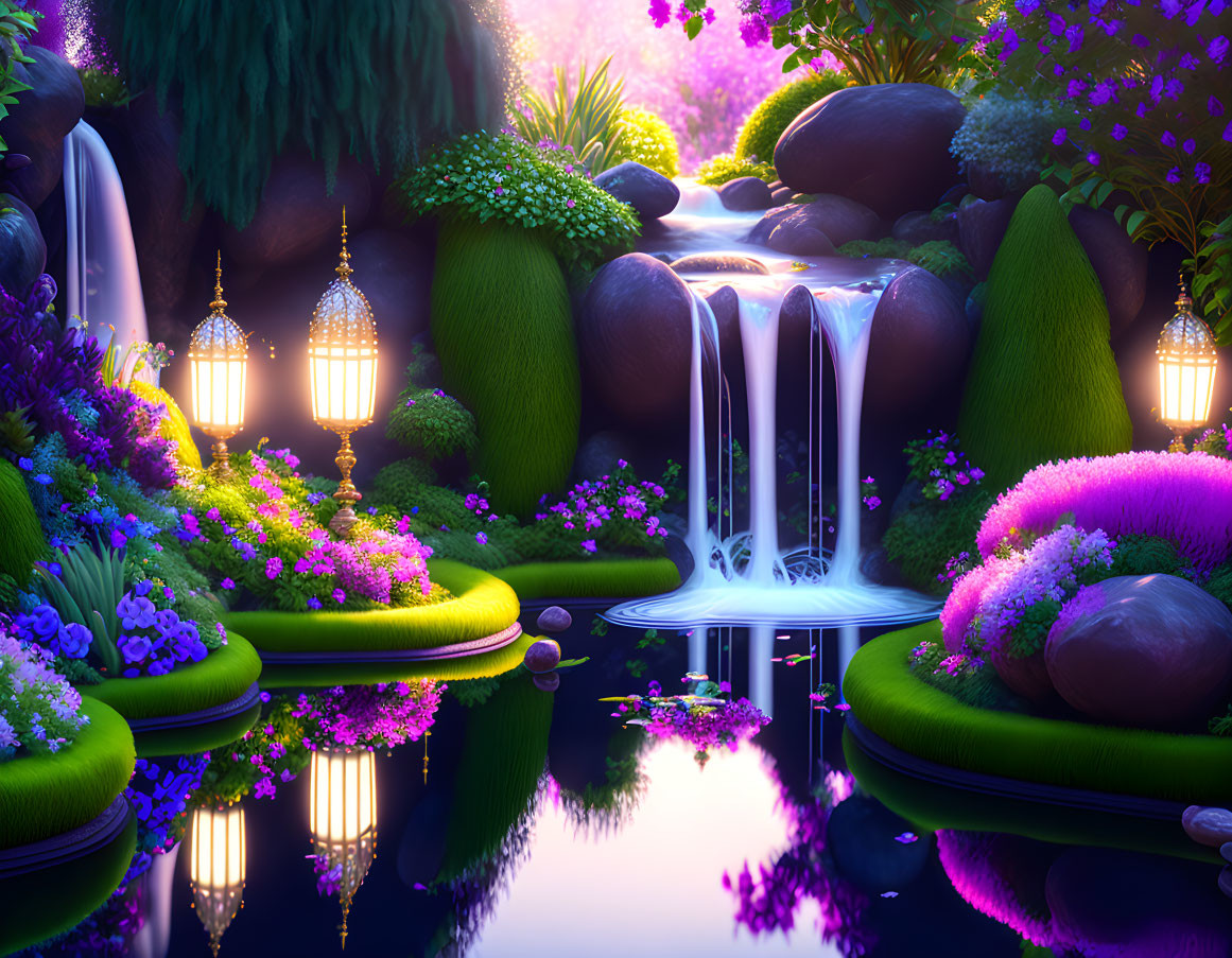 Tranquil nighttime garden with waterfall, colorful flowers, and glowing lanterns