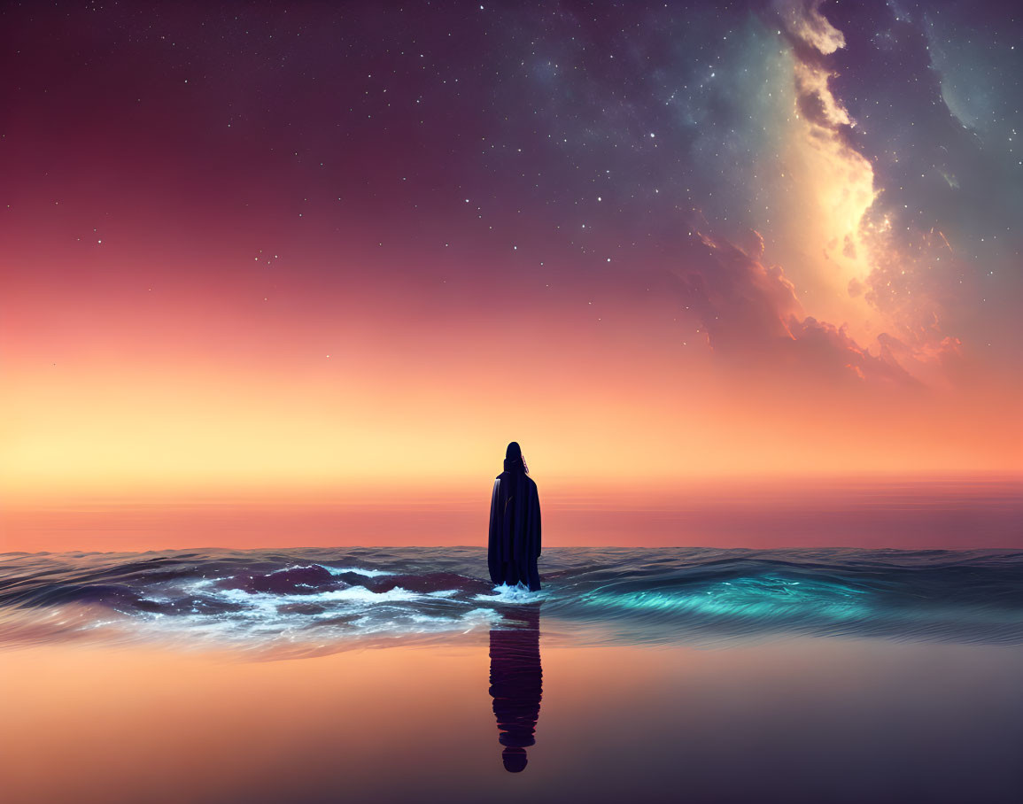 Solitary Figure by Calm Waters at Sunset and Starry Sky