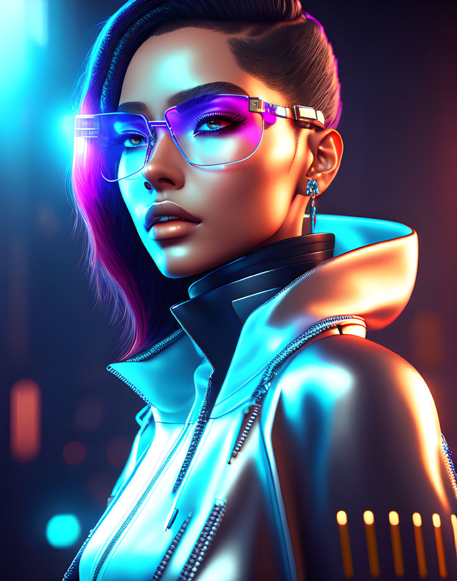 Futuristic digital portrait of a woman with glowing glasses