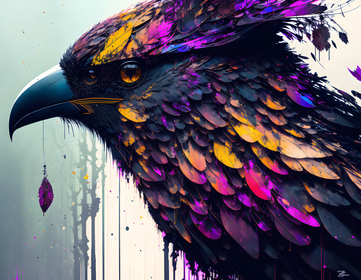 Colorful Eagle Art with Purple and Yellow Hues and Dynamic Paint Splatters