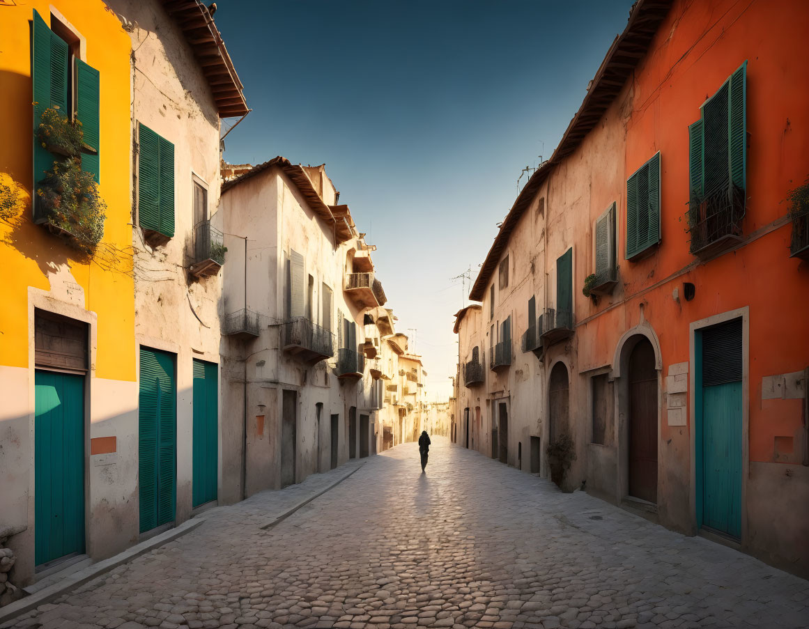 Solitary figure walking on cobblestone street with colorful traditional houses