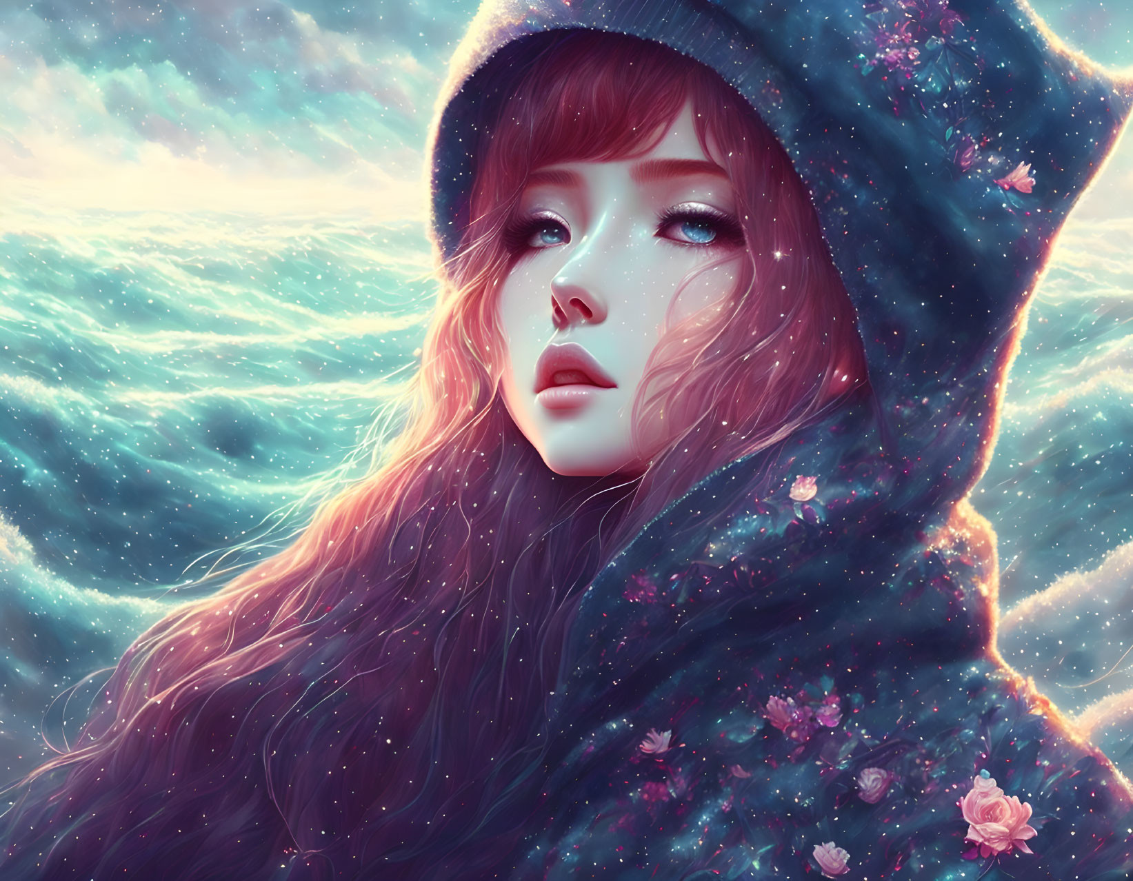 Digital artwork: Woman with flowing hair in starry hooded cloak, dreamy expression, vibrant blue