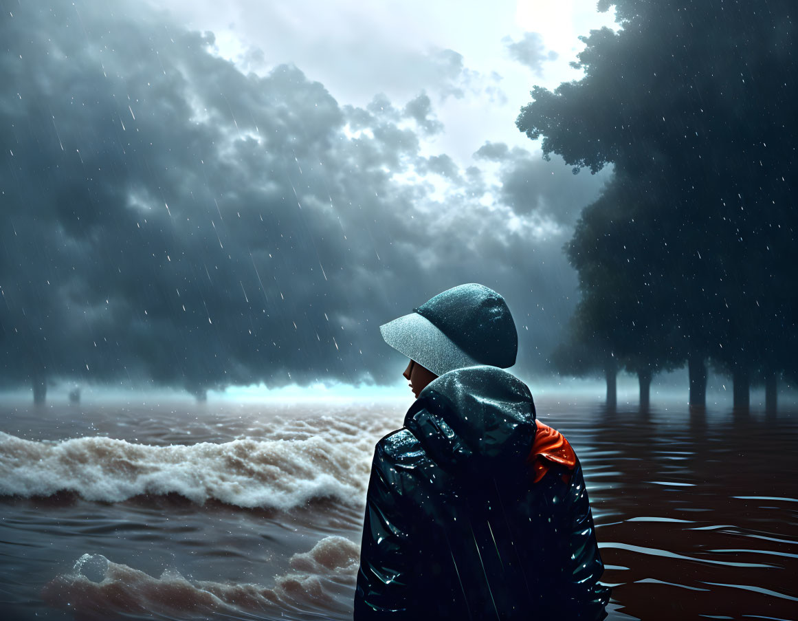 Person in Cap and Jacket Contemplating Flooded Landscape in Stormy Weather