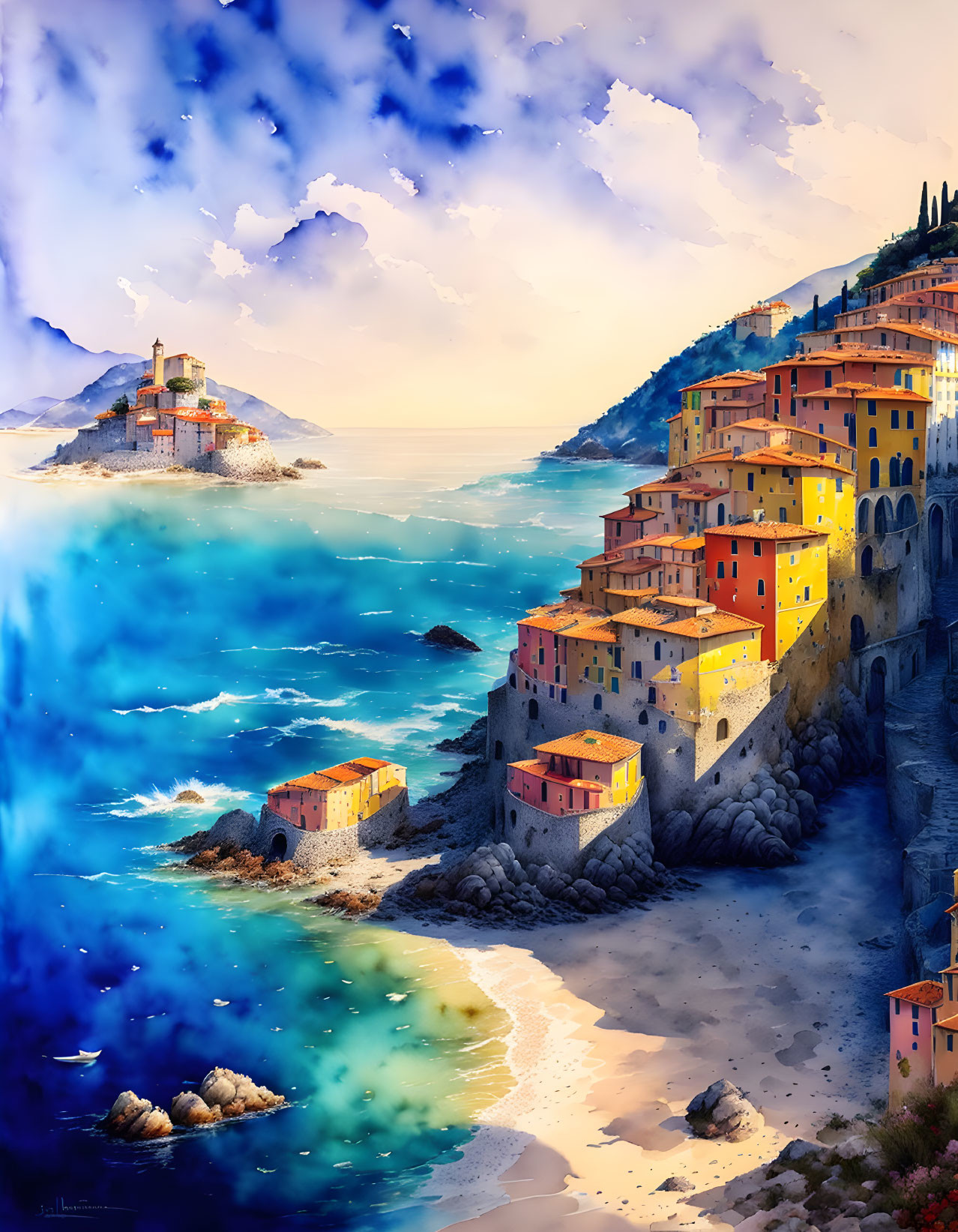 Pastel-colored coastal buildings, serene beach, distant castle on cliffs.