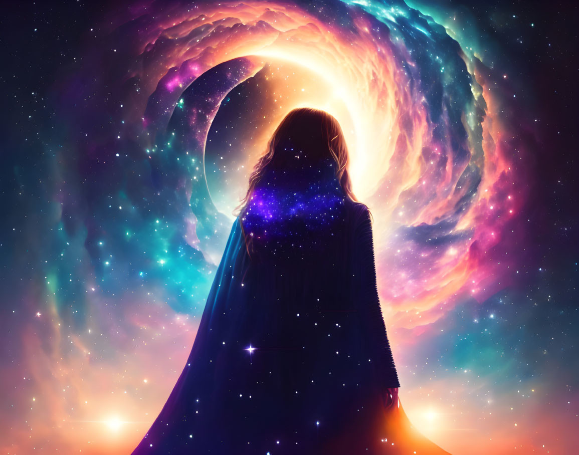 Silhouette of person in front of cosmic whirlpool with stars and galaxies.