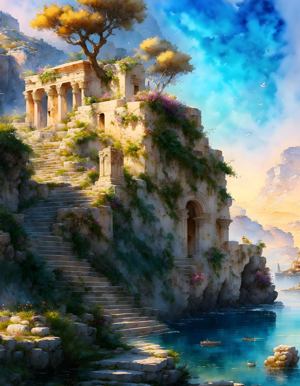 Digital artwork: Classical ruin on cliff by sea with steps, lush vegetation, vibrant sky