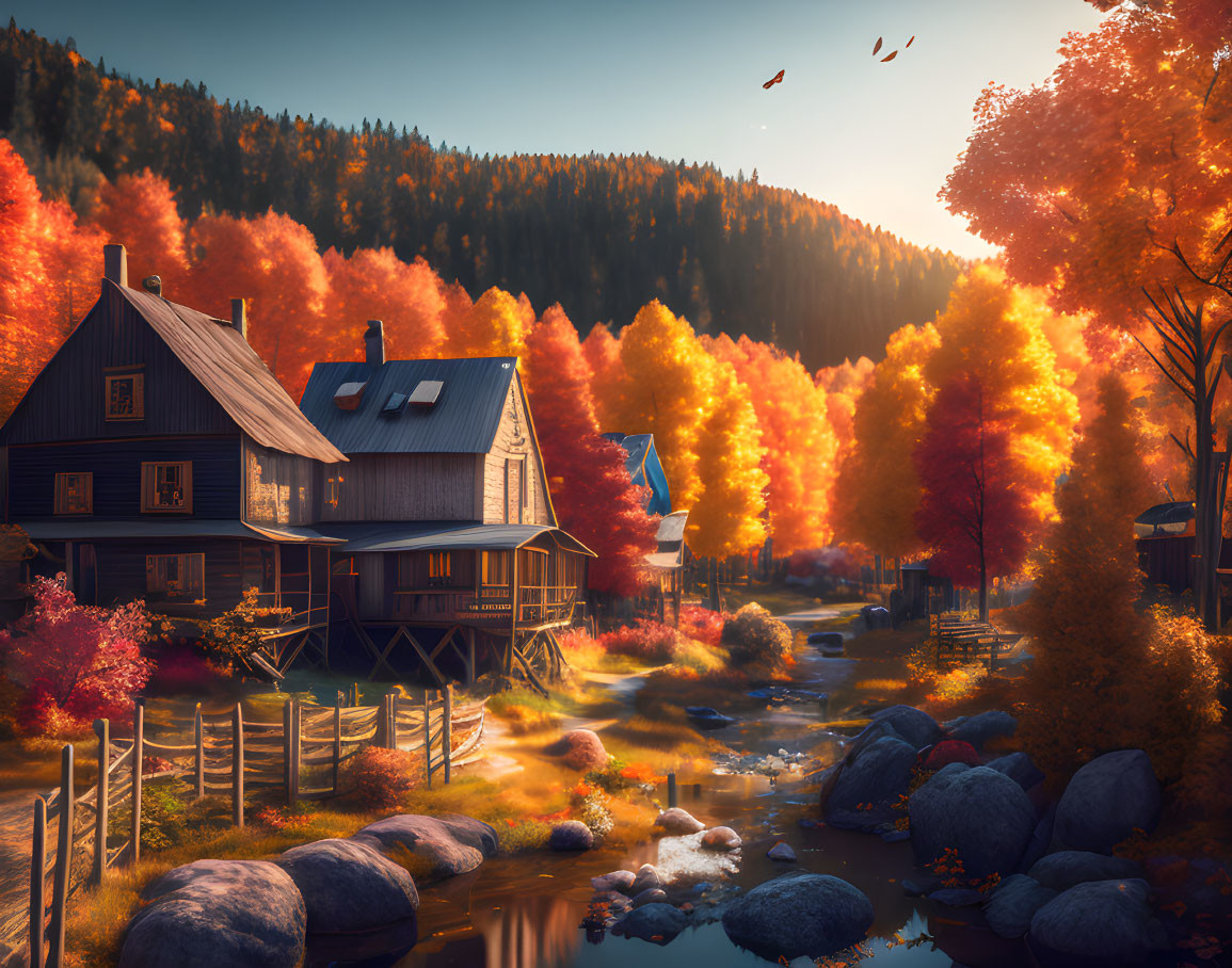 Tranquil autumn landscape with stream, wooden house, orange trees, and falling leaves