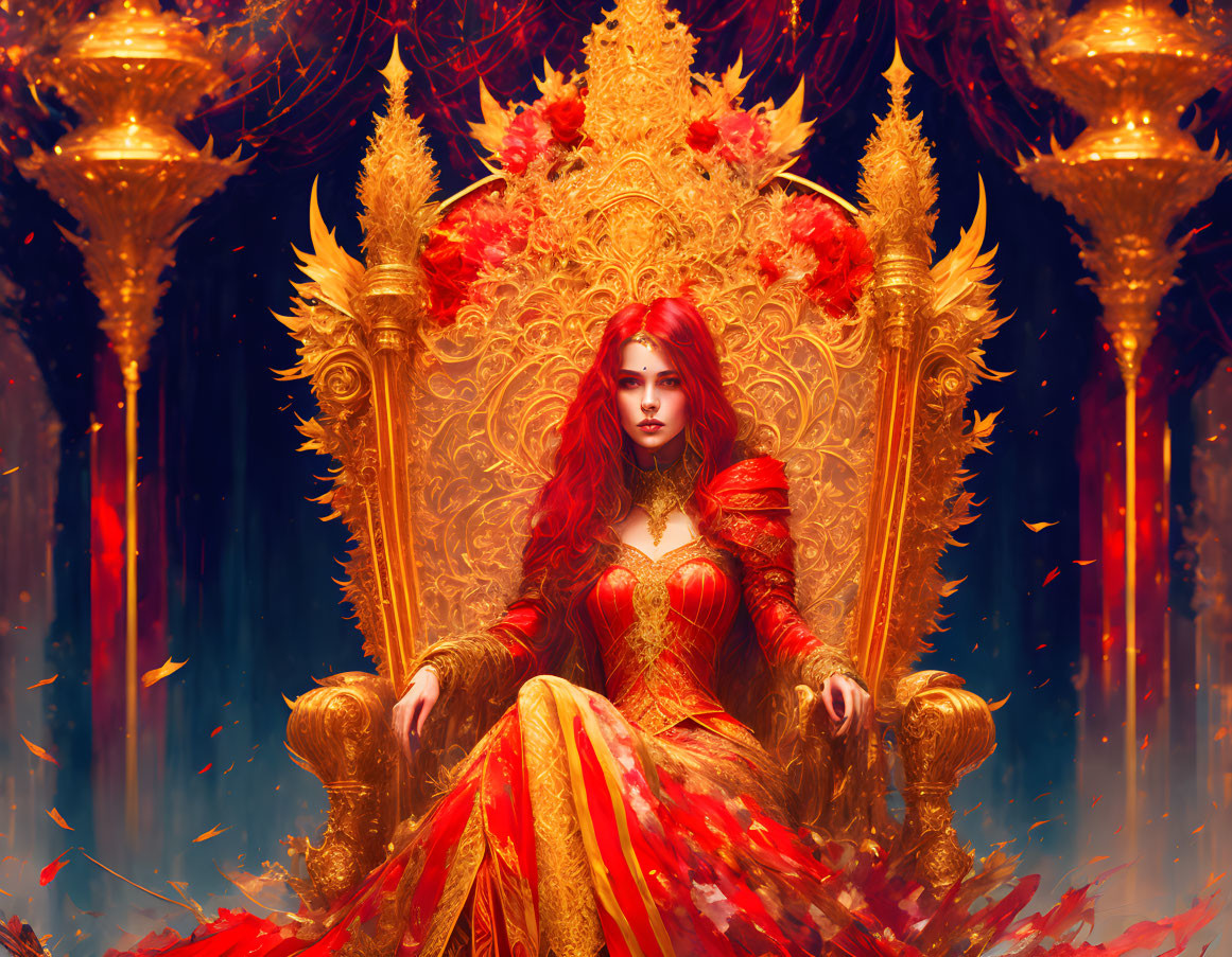 Majestic woman with red hair on golden throne in autumnal setting