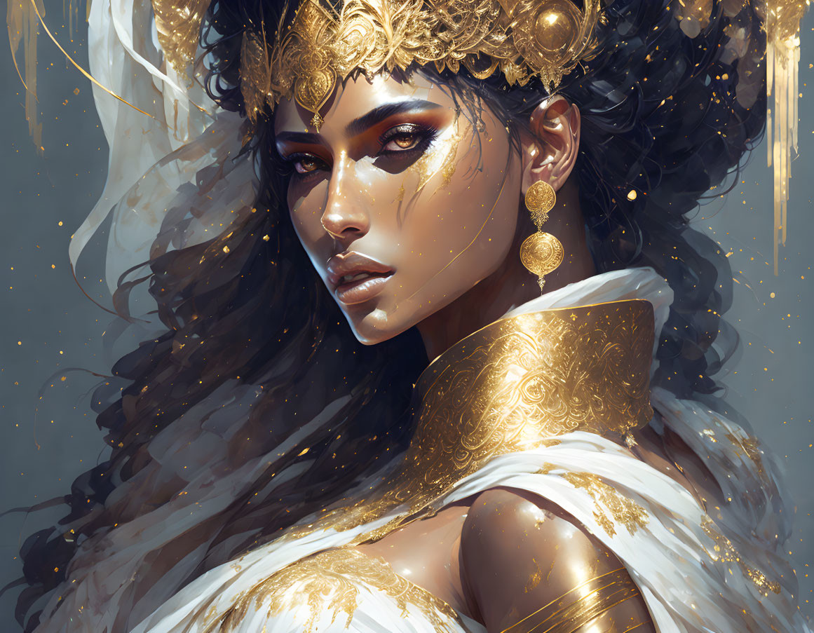 Detailed illustration of woman with golden headdress, jewelry, and makeup