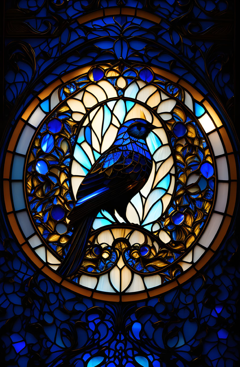 Colorful stained glass window with blue and black bird and intricate patterns.