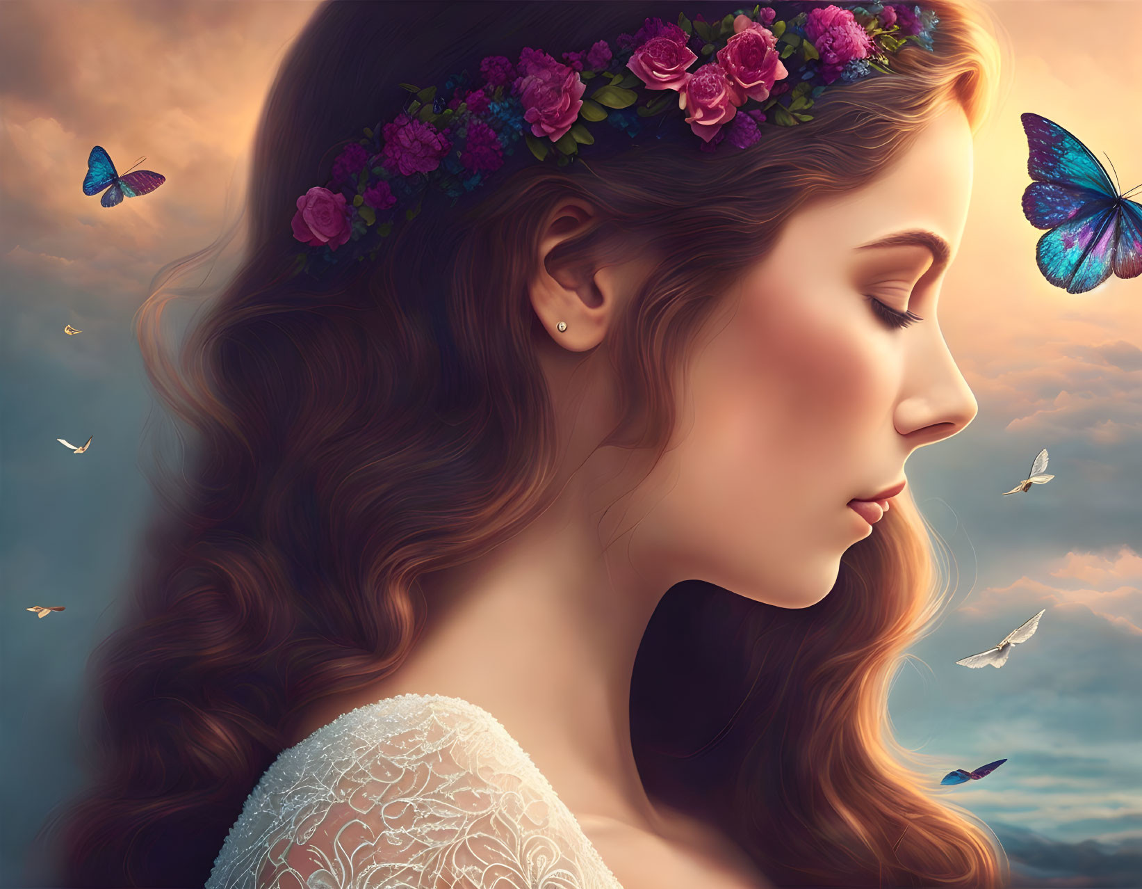 Woman with Floral Crown and Butterflies in Sunset Sky