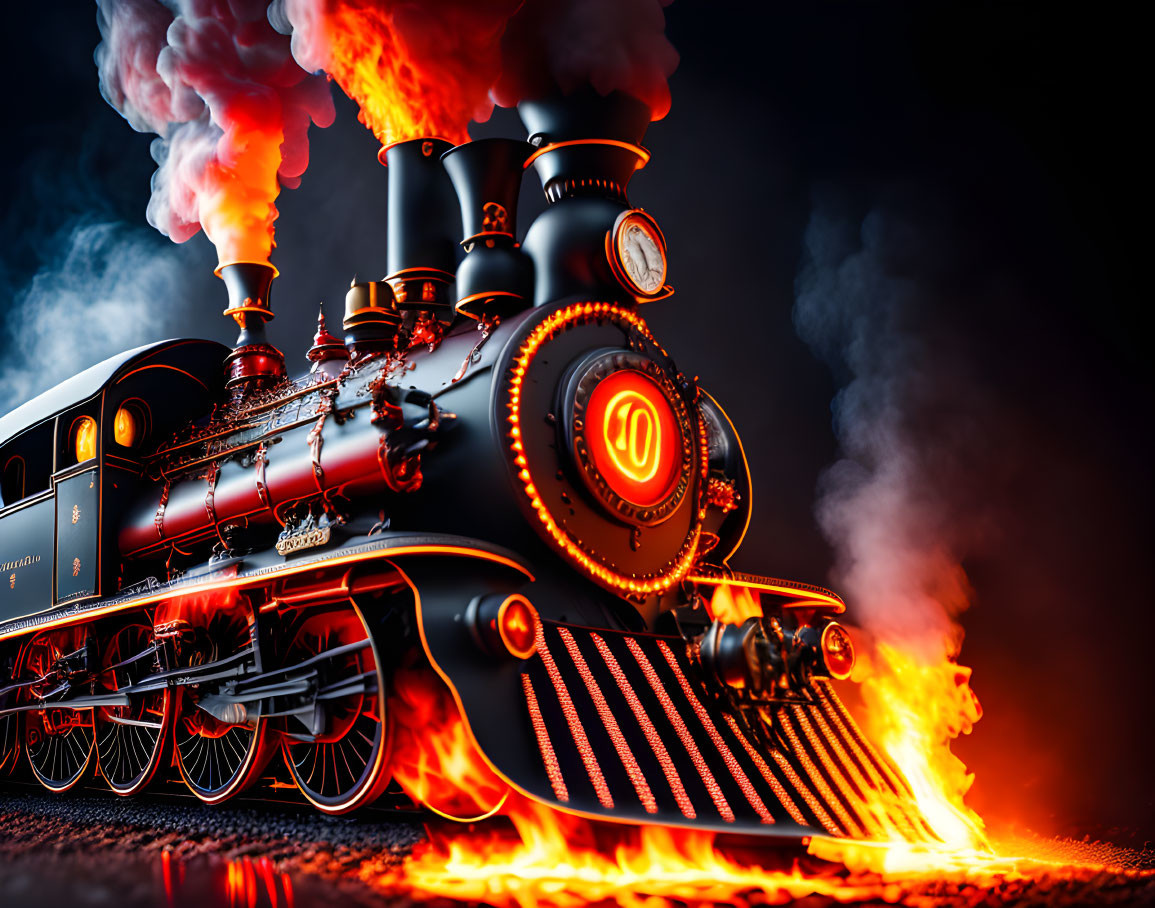 Vintage steam locomotive with vibrant blue and red tones and dramatic flames.