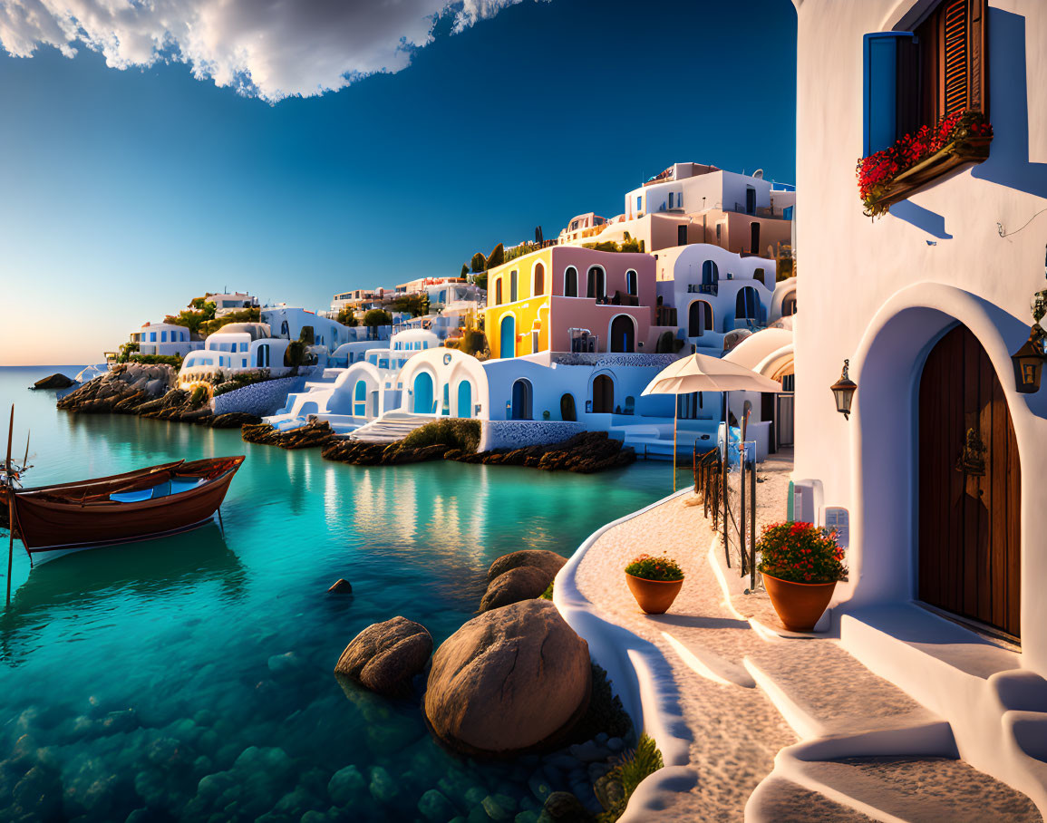 Coastal village with white and colored buildings, blue windows, calm sea, wooden boat