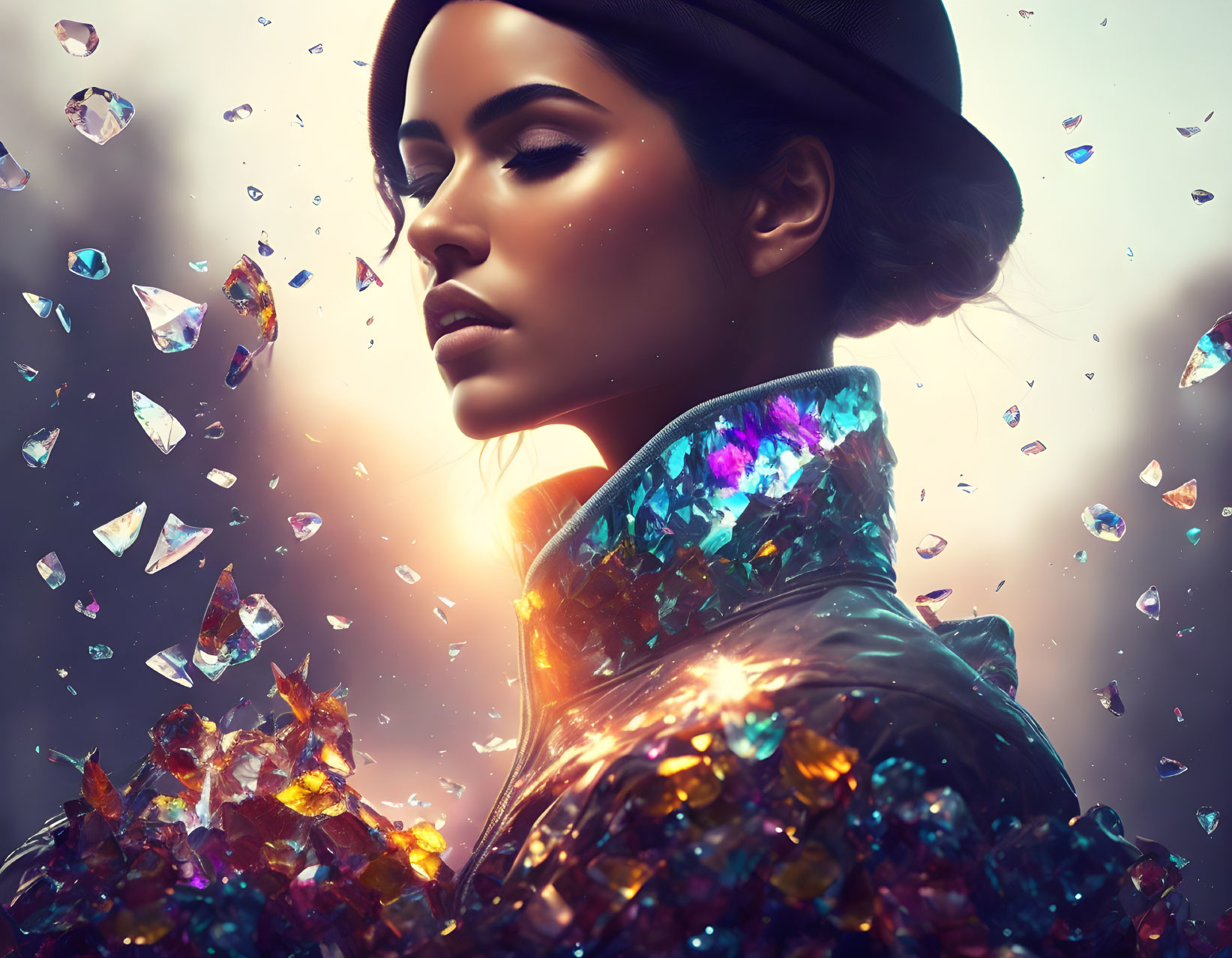 Profile view of woman with hat surrounded by multicolored crystal fragments