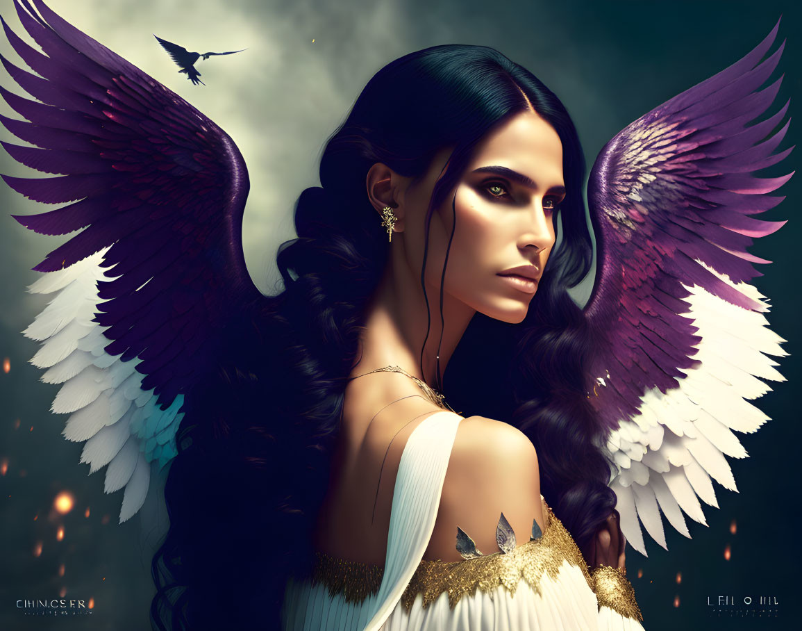 Digital artwork featuring woman with dark hair, purple wings, white & gold outfit, bird, & floating