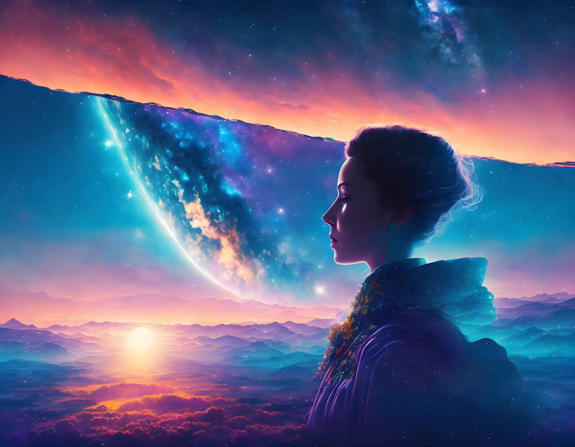 Woman's profile merges with cosmic landscape overlooking sunrise.