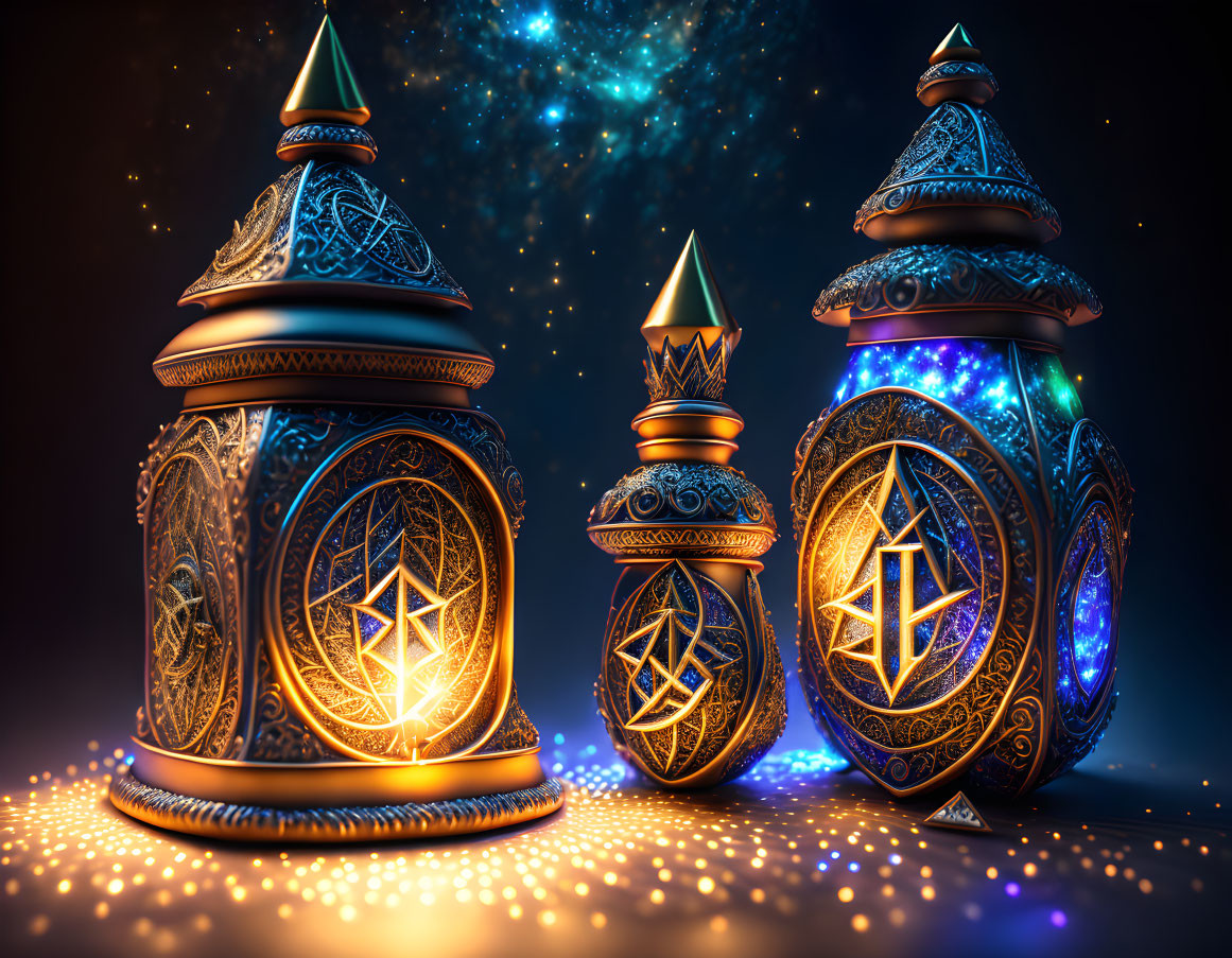 Three ornate mystical lanterns glowing blue and orange on dark background.