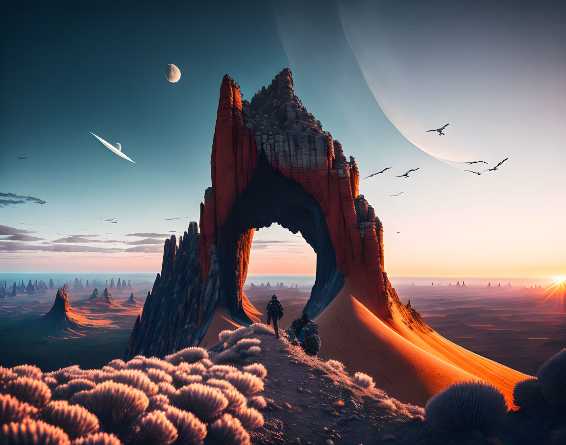 Surreal landscape with rock arch, person, alien vegetation, birds, and moons at sunset