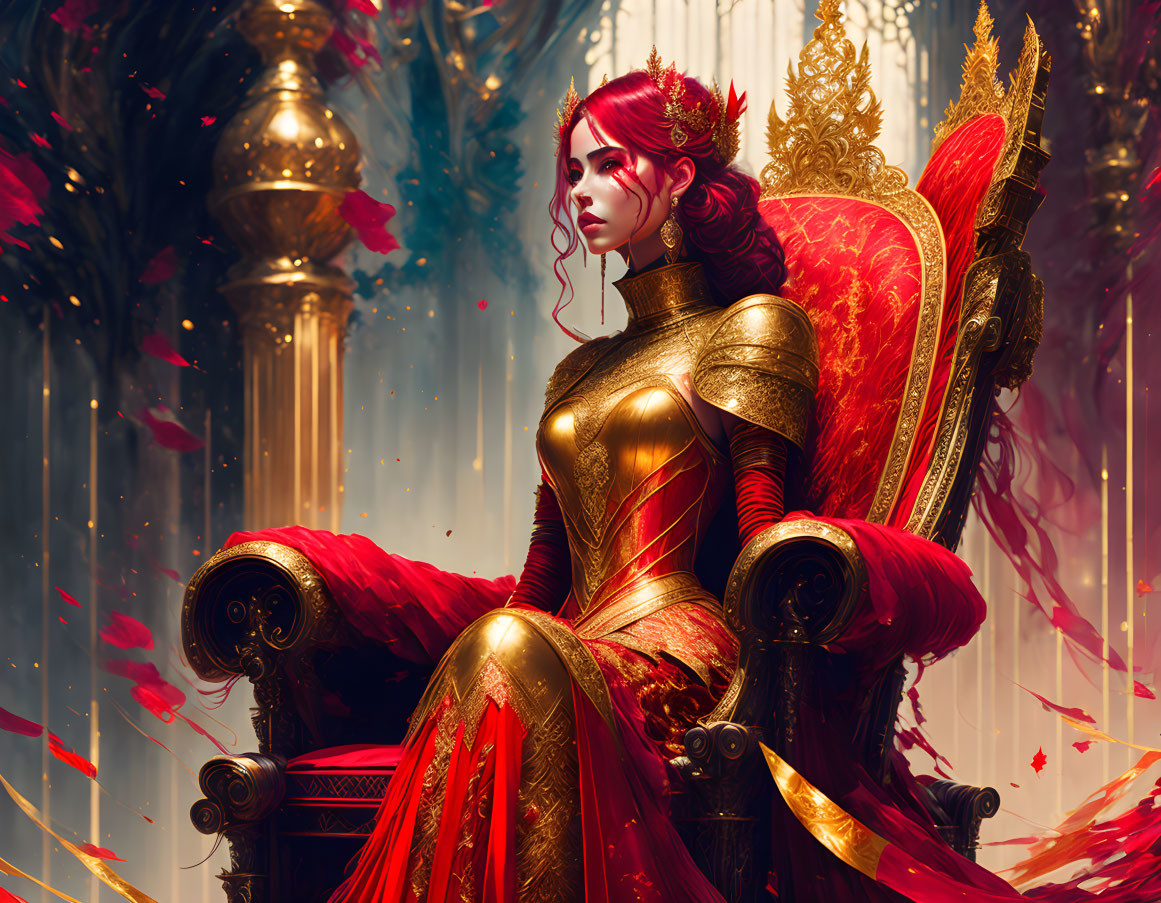 Regal figure in golden armor on lavish throne with falling petals