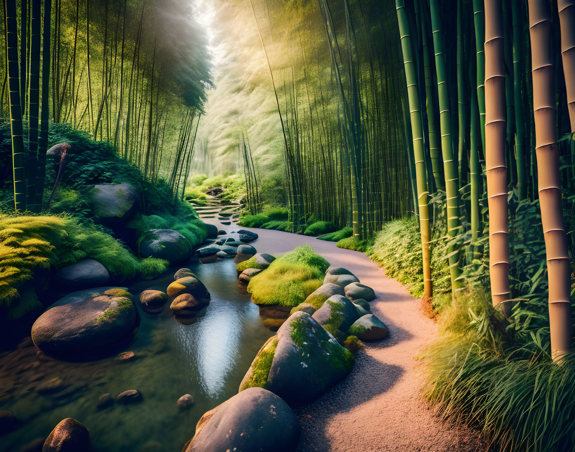 Tranquil Bamboo Forest with Stream and Sunbeams