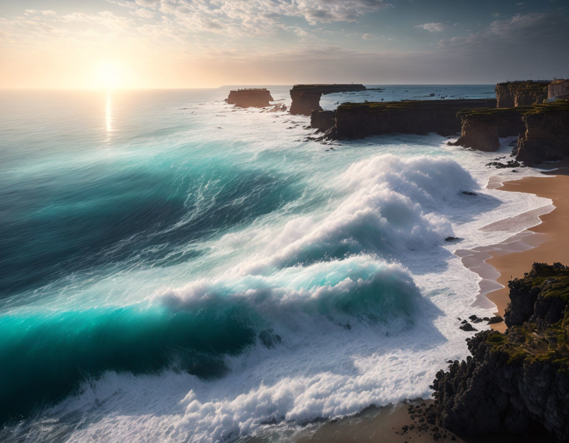 Vibrant sunset over rugged coastline with powerful waves.